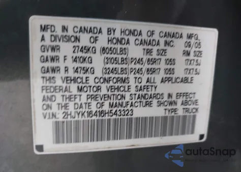 2006 Honda Ridgeline Rts from USA, damaged, VIN 2HJYK16416H543323